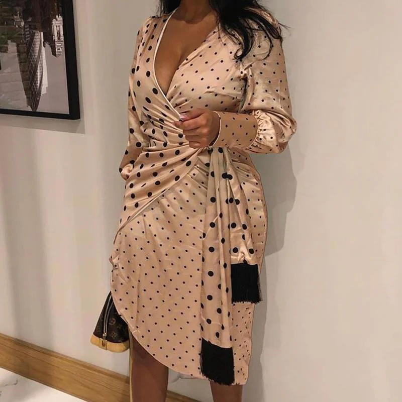 Fabulous Long Sleeves Party DressFashionSierra - Polka Dot Spliced Wrap Dress Women Irregular Long Sleeve V Neck Satin Dress Spring Fashion Vestidos De Verano