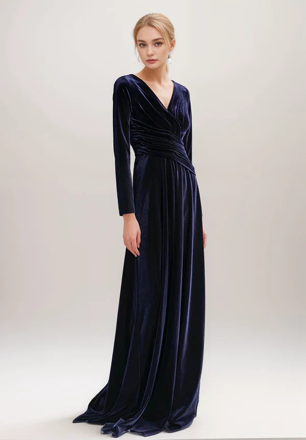 Fitted Formal Long Sleeves DressSexy Long sleeves V-Neck tilting ruched waist wrap Velvet Dress