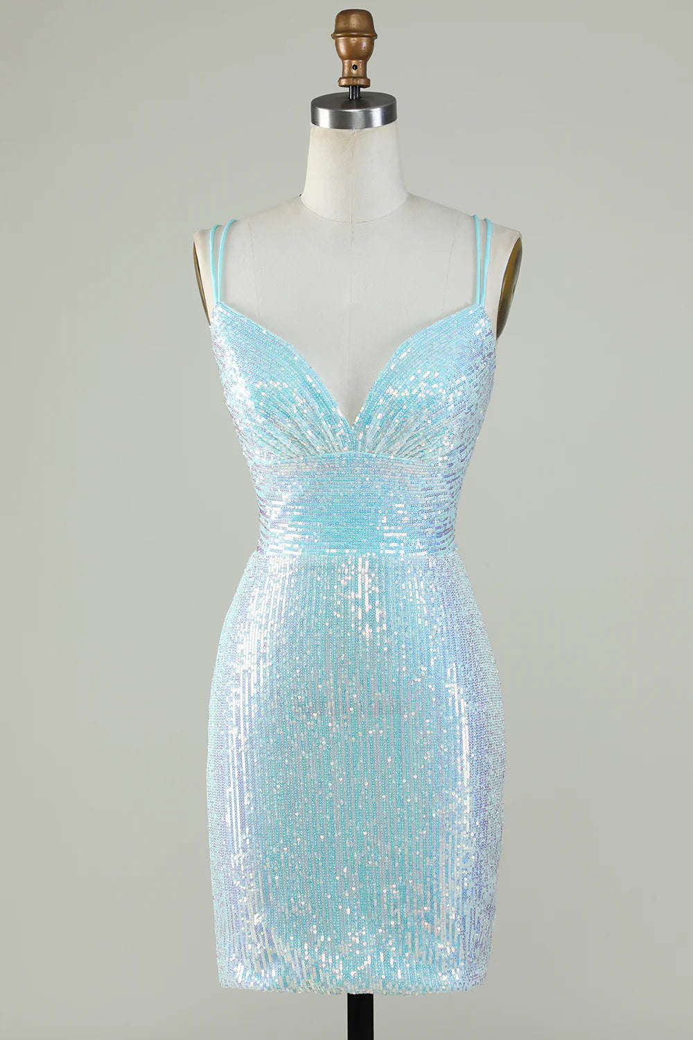 spring party dressesSheath Spaghetti Straps Light Blue Sequins Criss Cross Back Homecoming Dress