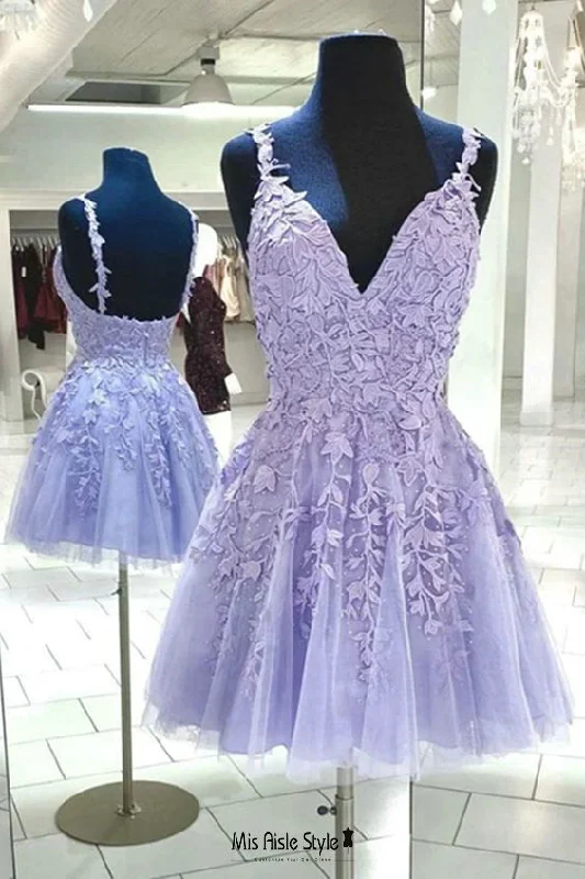 striped party dressesShort Lavender Lace Homecoming Dress