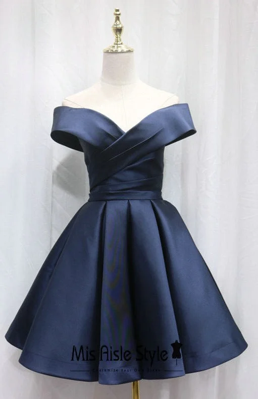 holiday party dressesShort Off Shoulder Sleeve Navy Blue Homecoming Dress