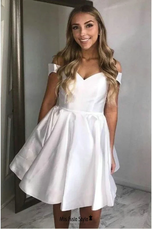 bohemian party dressesShort Off Shoulder Sleeve White Homecoming Dress