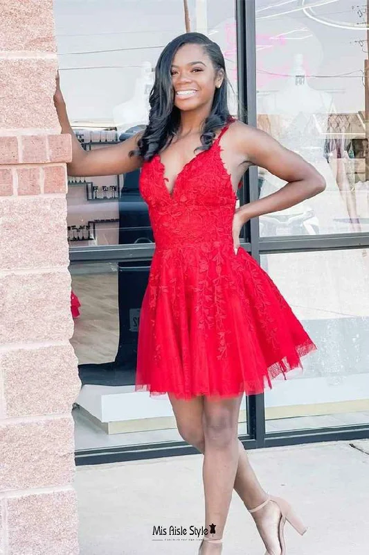 bachelorette party dressesShort Red Lace and Tulle Homecoming Dress