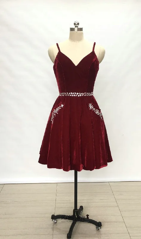 flowy party dressesShort Spaghetti Straps Velvet Homecoming Dress