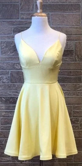 metallic party dressesShort Yellow Criss-Cross Back Homecoming Dress