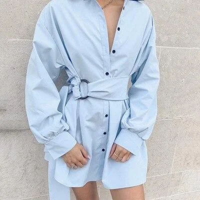 Formal Long Sleeves Sheath DressFashionSierra - Single breasted sashes wrap shirt dress women Long sleeve short solid blue white dresses Autumn womens festival clothing