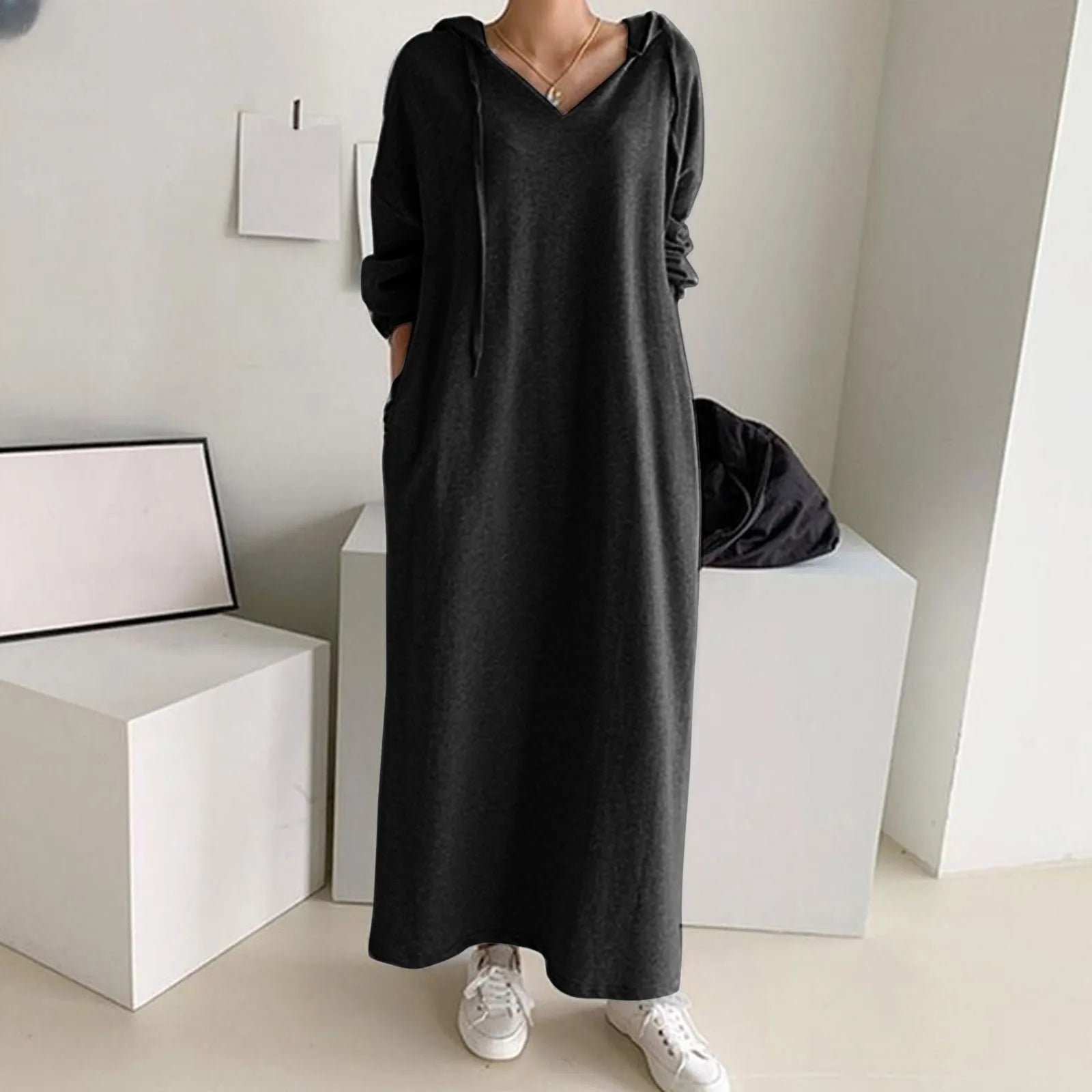 Formal Party Long Sleeves DressFashionSierra - Solid Loose V Neck Casual Fashion Hooded Long Sleeve Drawstring Autumn Ladies Knee Length Dress