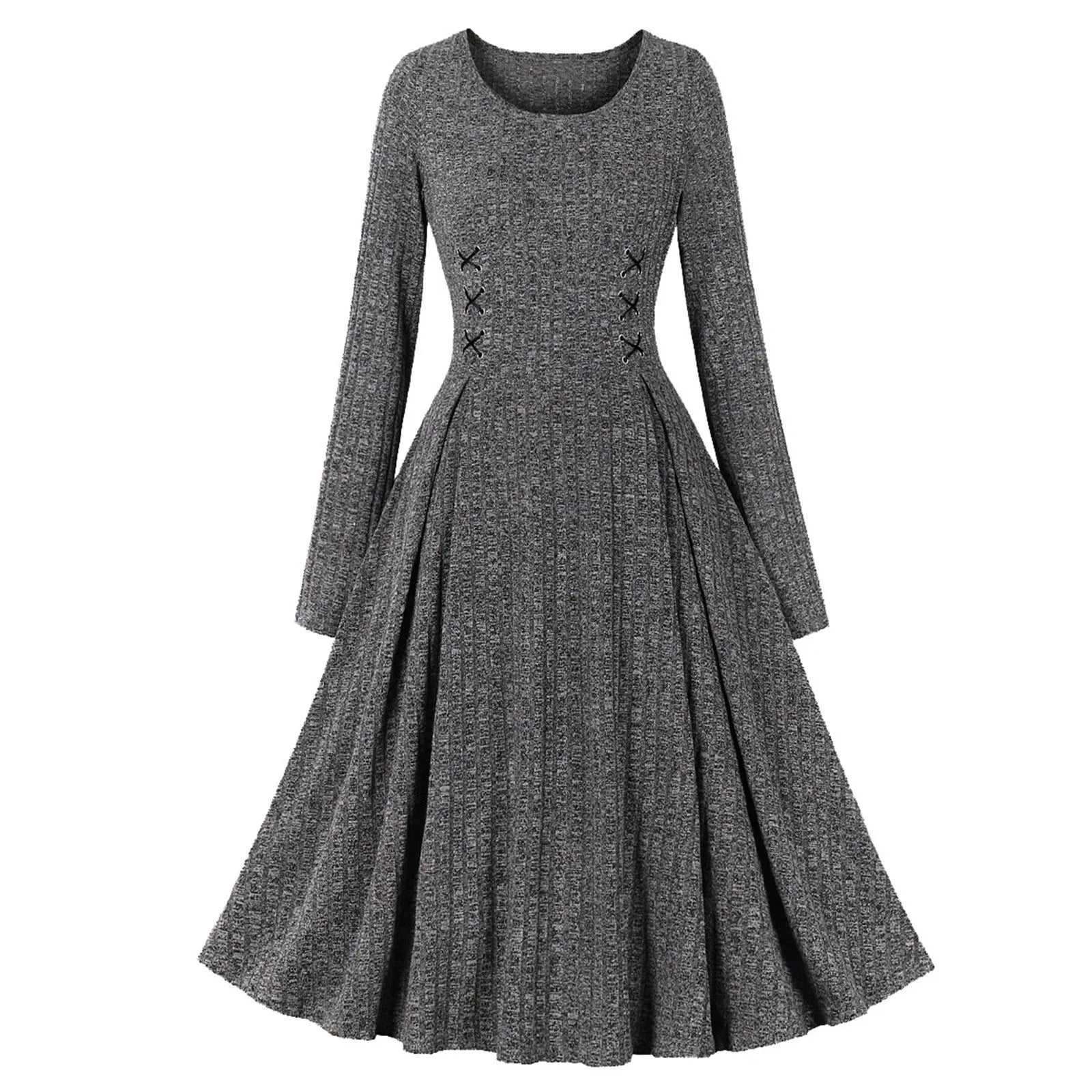 Fuzzy Knitted Long Sleeves DressFashionSierra - Solid Ribbed Knitted Round Neck Long Sleeve Retro Vintage Slim Dress