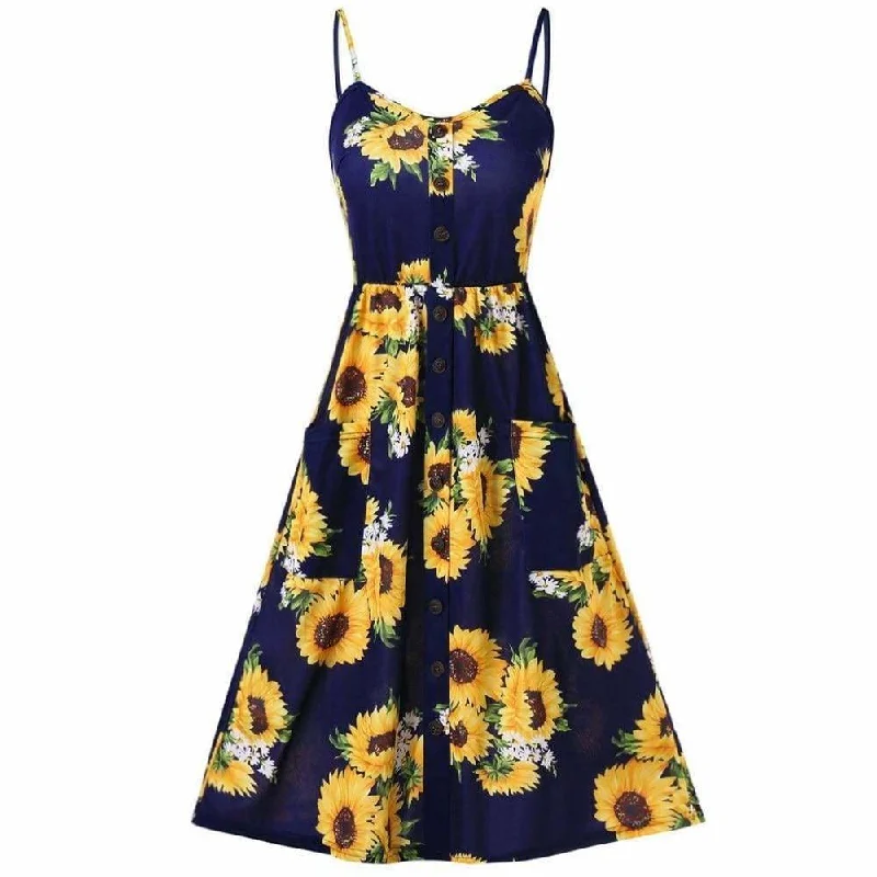 Sleeveless Dress With Long SkirtFashionSierra - Sunflower Printing Button Up A Line Off Shoulder Sleeveless Dress