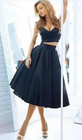 elegant party dressesTea Length Two Pieces Navy Blue Off Shoulder Sleeves Homecoming Dresses