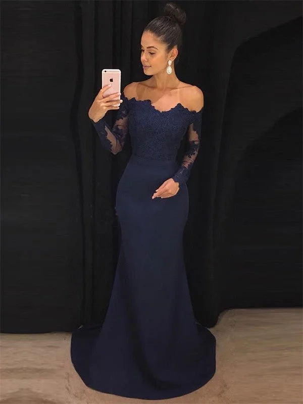 Flowing Long Sleeves Prom DressTrumpet/Mermaid Off-the-Shoulder Long Sleeves Sweep/Brush Train Lace Stretch Crepe Dresses