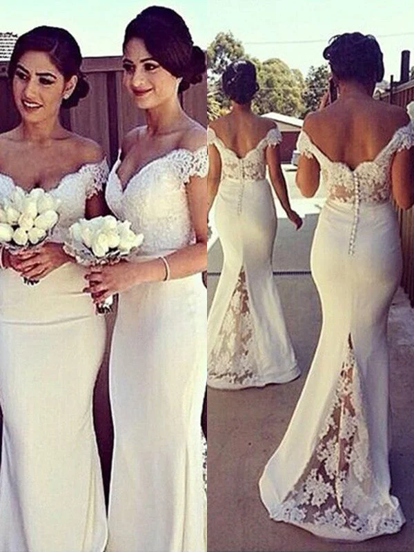 Sleeveless Dress Petite SizeTrumpet/Mermaid Sleeveless Off-the-Shoulder Lace Stretch Crepe Sweep/Brush Train Dresses