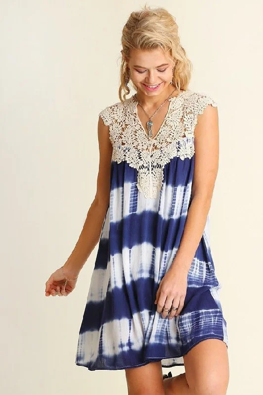 Sleeveless Dress VintageUmgee Boho Dress Bohemian Blue Tie Dye Crochet Sleeveless Casual Striped