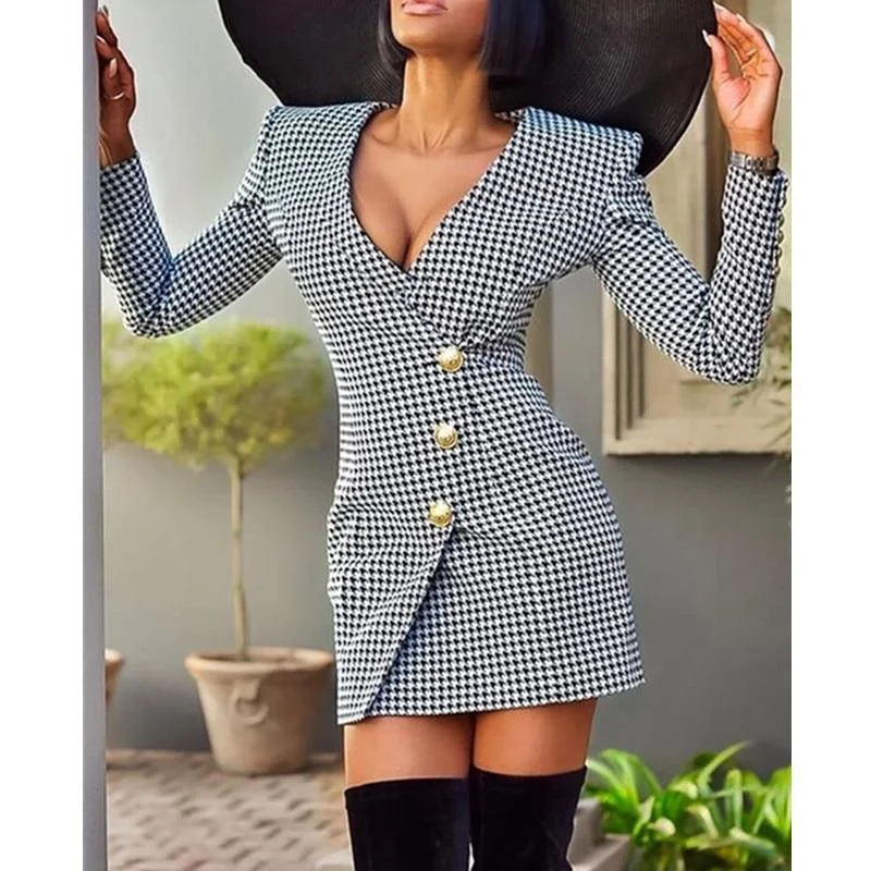 Fancy Long Sleeves Ball GownFashionSierra - V Neck Long Sleeve Office Lady Single Breasted Buttoned Houndstooth Blazer Dress Women Houndstooth Blazer Dress