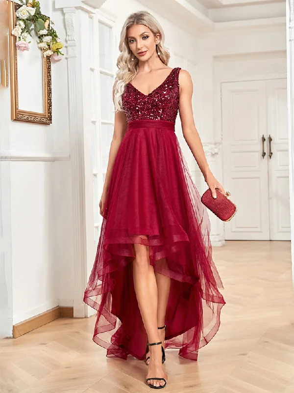 Sleeveless Dress With PeplumV-Neck Sleeveless Sequin Floor Length Dress