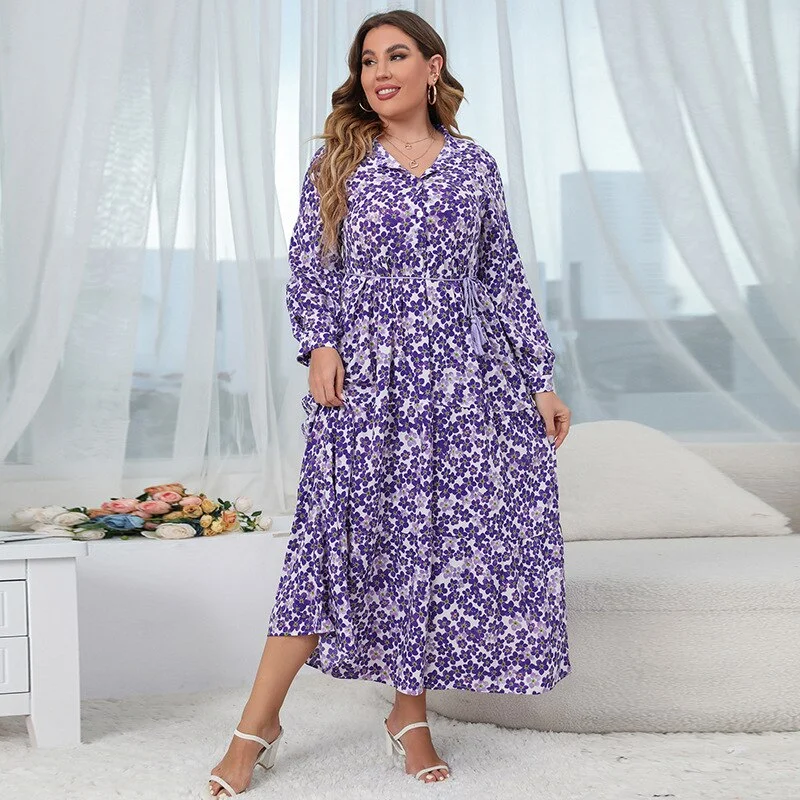 Fancy Lace Long Sleeves DressBerriesJam - 2024 Vintage V Neck Long Sleeve Floral Plus Size Dress