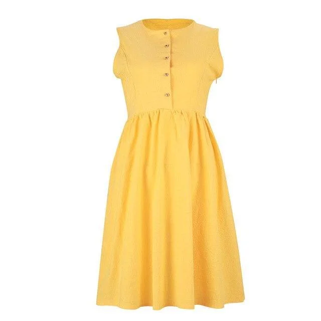 Sleeveless Dress With Keyhole BackFashionSierra - Women Dress Ruffled A Line Dress Sexy Sleeveless Button Yellow Solid Color Round Neck Sexy Dress Summer