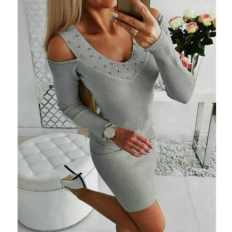 Fancy Lace Overlay Long Sleeves DressFashionSierra - Women's Sexy V-Neck Long Sleeve Rhinestone Collar Dress