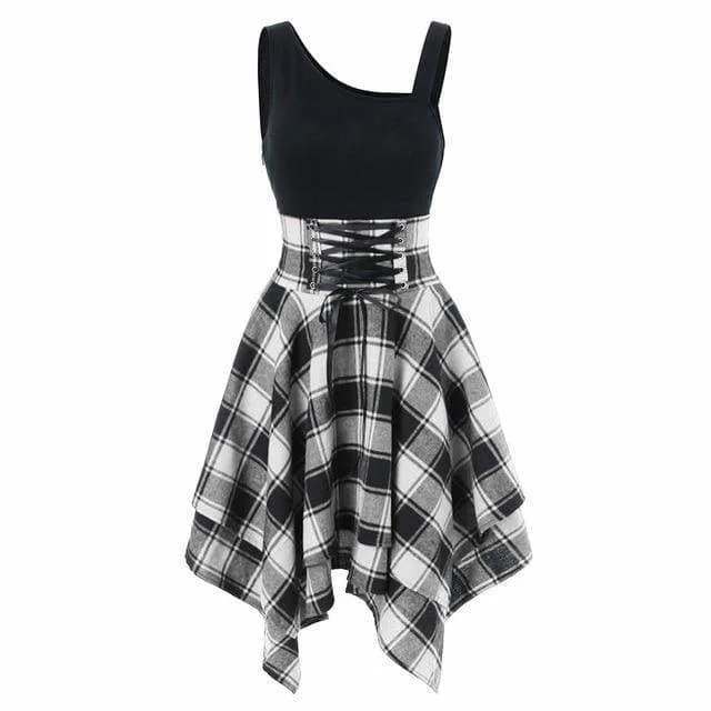 Sleeveless Dress With Geometric PrintsFashionSierra - Women Sleeveless Cold Shoulder Cross Lace Up Plaid Asymmetrical Dress