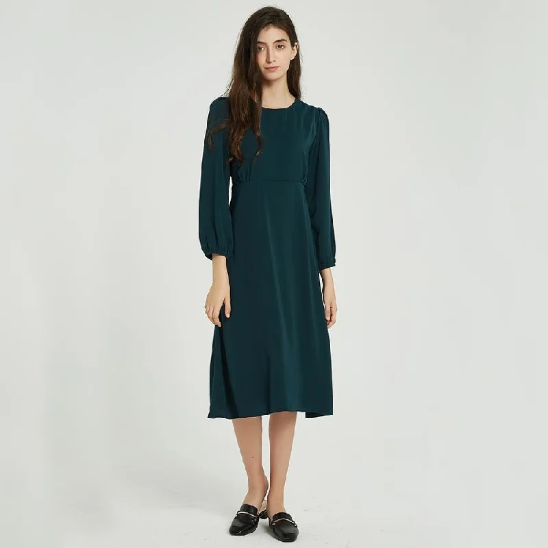 Flexible Cotton Long Sleeves DressFashionSierra - Women Solid Elegant O Neck Long Sleeve Dresses