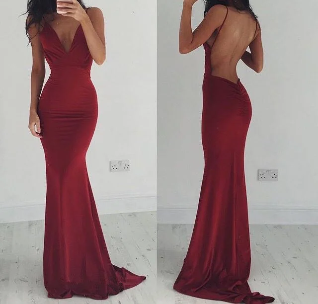 prom dresses for short girlsMermaid Burgundy Prom Dresses Backless V-Neck