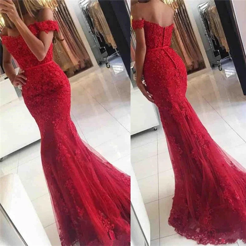 prom dresses with built-in petticoats2025 Lace Red Prom Dresses Off-the-shoulder Mermaid Appliques Gowns