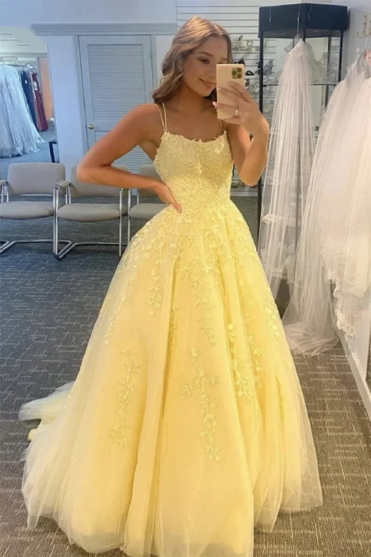 prom dresses for short girlsA Line Floor Length Lace Yellow Prom Dresses Spaghetti Straps