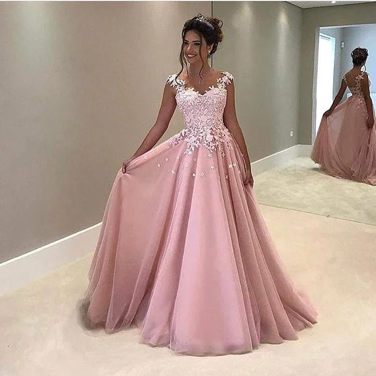 prom dresses with pocketsA-Line Lace Pink Prom Dresses V-Neck Cap-Sleeves Dresses