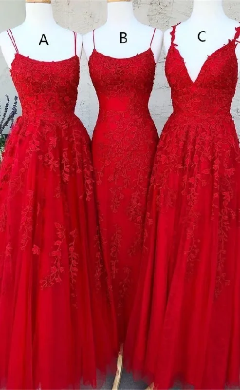 corset prom dressesA Line Lace Red Prom Dresses Long Spaghetti Back Crossed