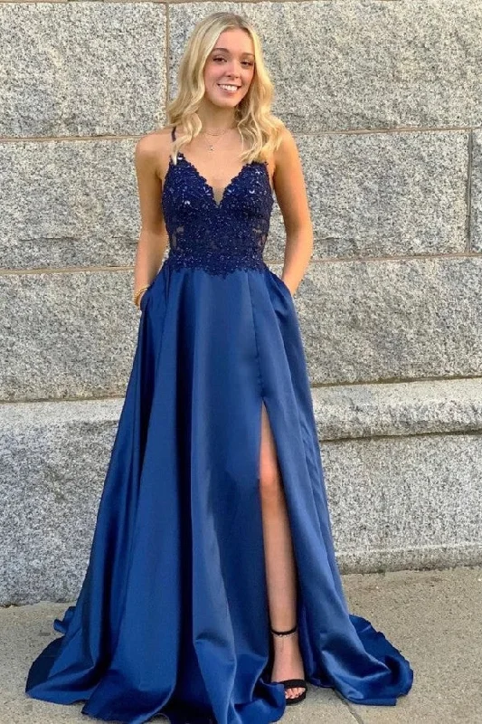 prom dresses with sequin detailingA Line Lace Satin Royal Blue Prom Dresses V Neck Spaghetti Straps