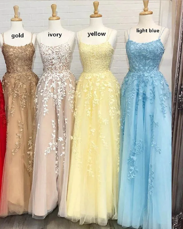 off-shoulder prom dressesA Line Long Lace Prom Dresses Spaghetti Straps Sleeveless