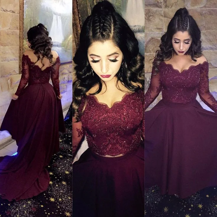 metallic prom dresses2025 A-line Long-Sleeve Lace Burgundy Prom Dresses Hi low Beads Dress