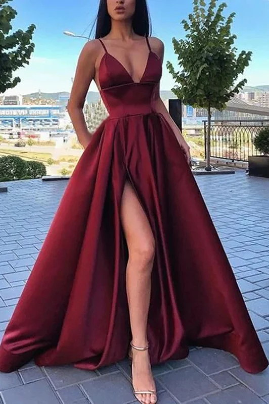 prom dresses with trainsA Line Satin V Neck Burgundy 2025 Prom Dresses Spaghetti Straps