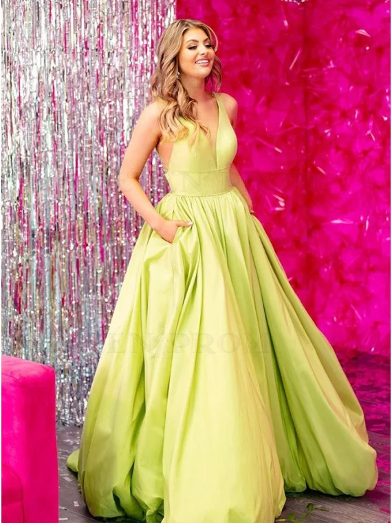 open-back prom dressesA Line Satin Yellow Prom Dresses Long V Neck with Pockets