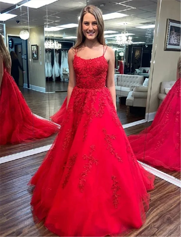 illusion neckline prom dressesA Line Spaghetti Straps Red Lace Long Prom Dresses