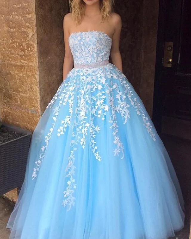 high-slit prom dressesA Line Strapless Beaded Lace Prom Dresses Zipper