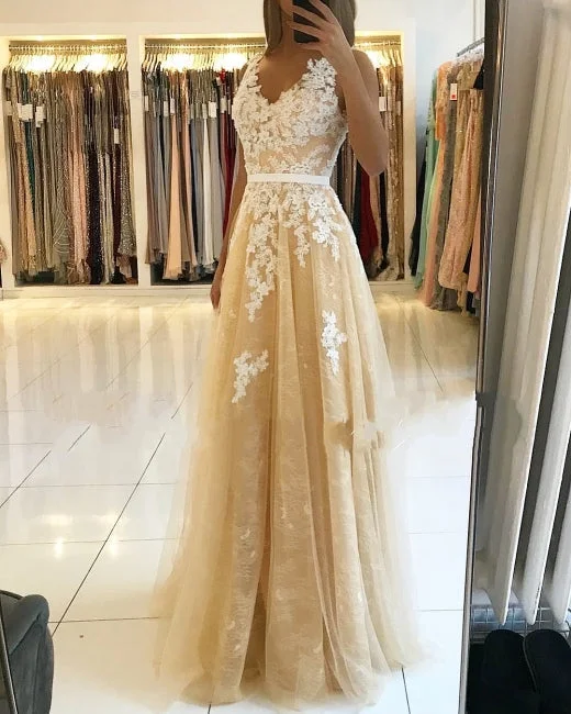 prom dresses with floral embroideryA Line V Neck Lace Champagne Prom Dresses Cheap