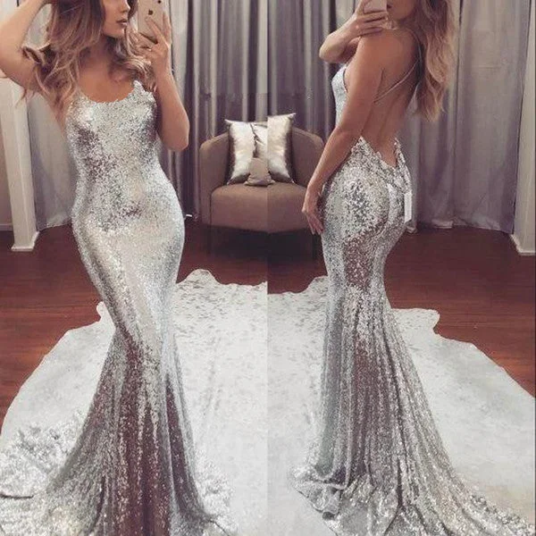 off-shoulder prom dressesBackless V-Neck Mermaid Silver Sequin Prom Dresses Long