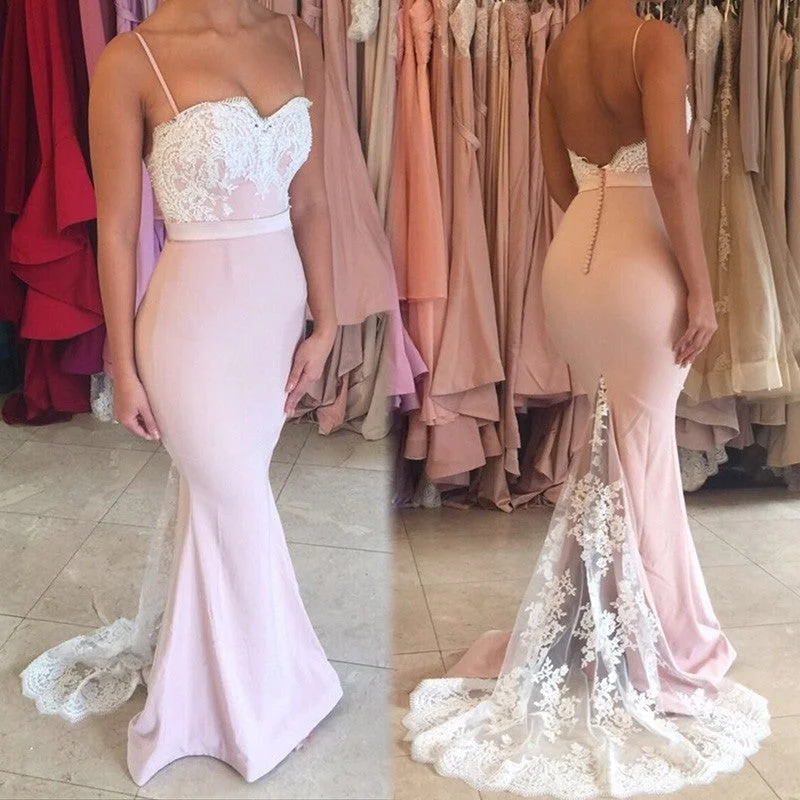 prom dresses for plus-size figuresCheap Mermaid Backless Pink Lace Formal Prom Dresses