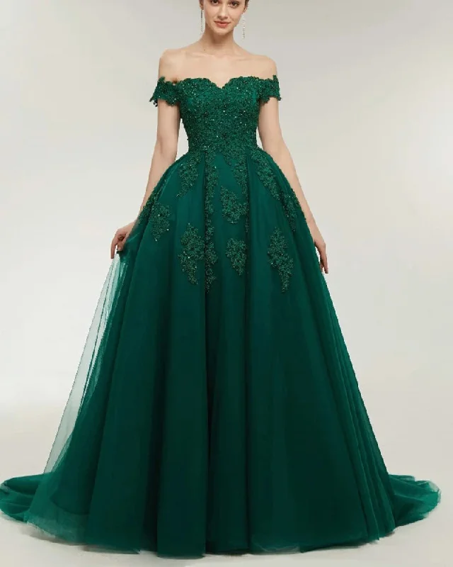 prom dresses for hourglass figuresDark Green Lace Ball Gown Prom Dresses Off the Shoulder Formal Gowns