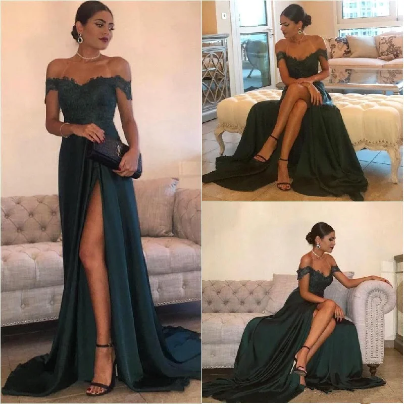 floral prom dressesFloor-Length Off-the-Shoulder Lace Navy Blue Prom Dresses Long Split