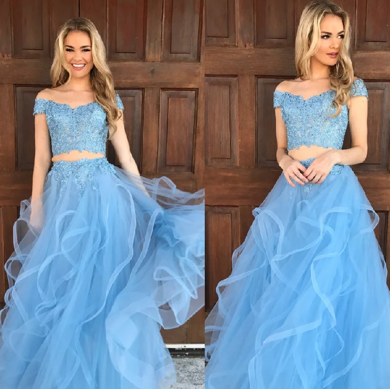 affordable prom dressesFloor-length Off the shoulder Tulle Blue Two piece Prom Dresses