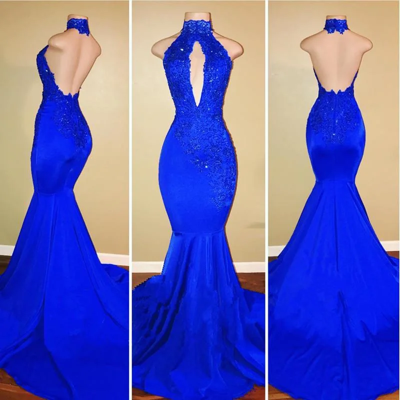 flowy prom dressesHalter Backless Mermaid Royal Blue Prom Dresses