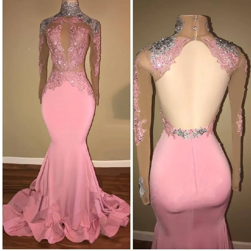 mermaid prom dresses2025 High Neck Backless Pink Lace Prom Dresses Beaded