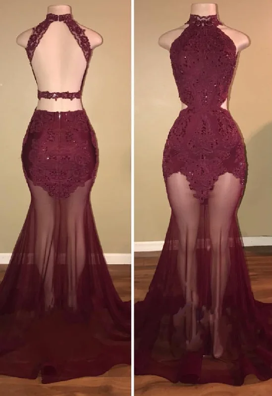 tulle prom dressesHigh-Neck Mermaid Tulle Lace Burgundy Prom Dresses