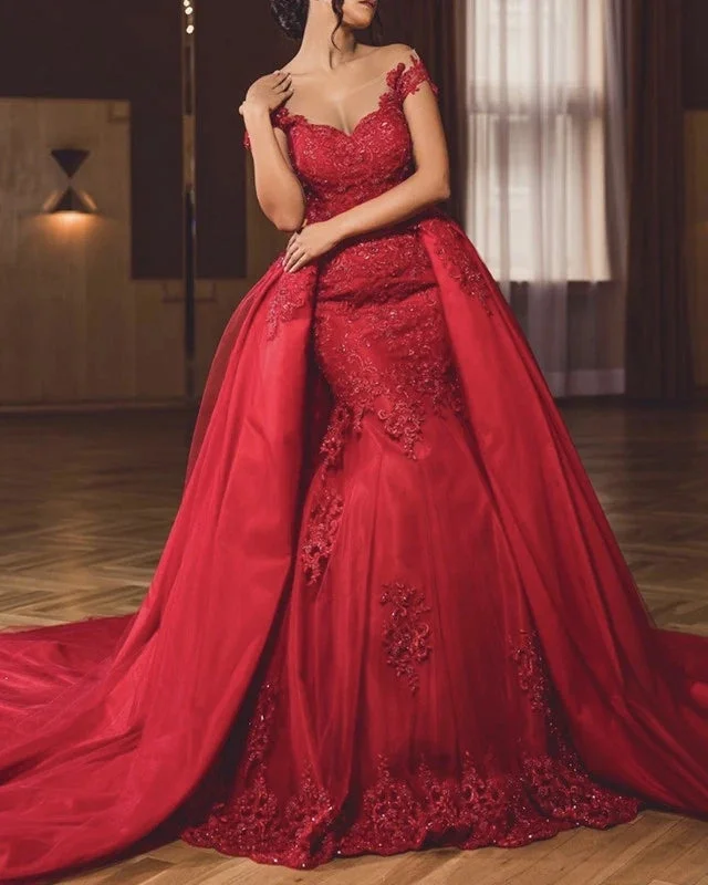 prom dresses for summerHot 2024 Lace Mermaid Off the Shoulder Red Prom Dresses with Skirt