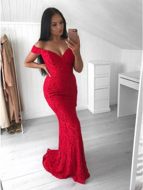 prom dress accessoriesHot Mermaid Red Lace Off the Shoulder Prom Dresses