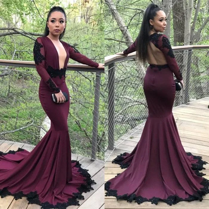 bespoke prom dressesLong Sleeve Deep v-neck Burgundy Prom Dresses