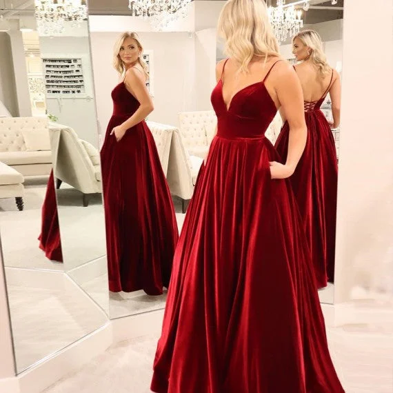 prom dresses with sheer overlaysLong Deep V Neck Burgundy Velvet Prom Dresses with Pockets