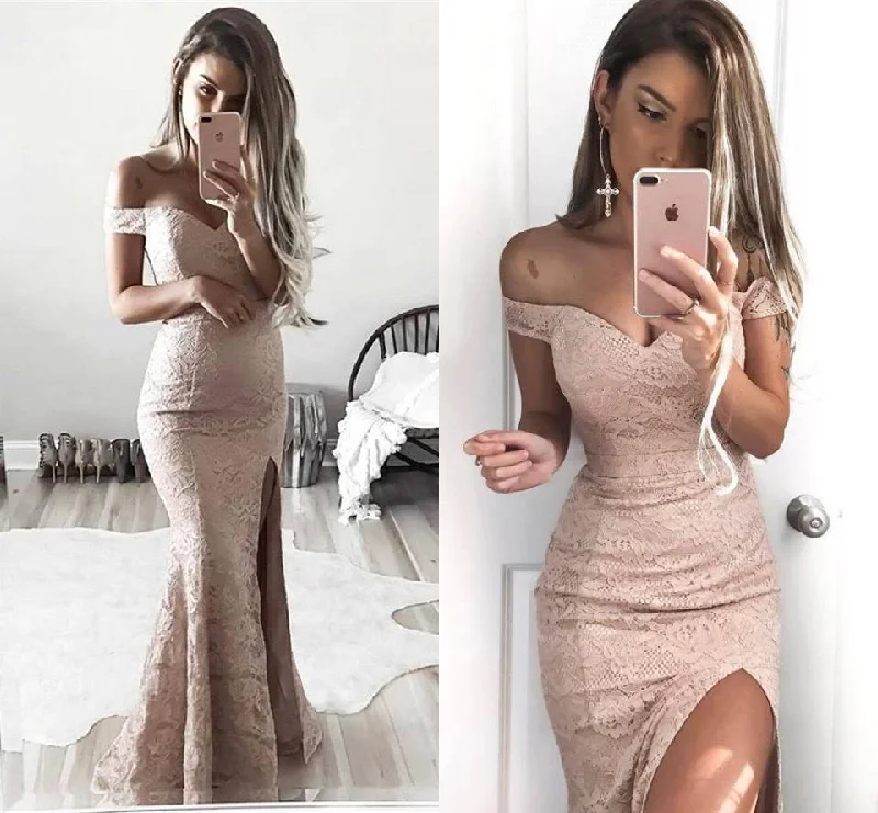 illusion neckline prom dressesLong Mermaid Lace Prom Dresses Off-the-Shoulder Split Dresses